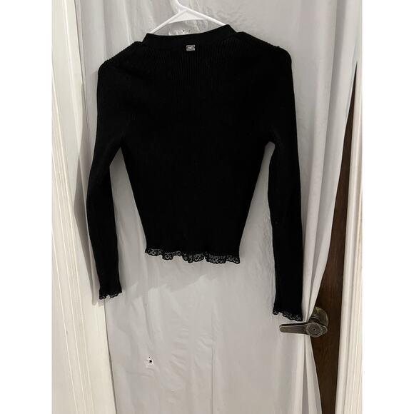 For Love And Lemons Black Cropped Rib Knit Nina Cardigan Lace Trim Sz M - Picture 7 of 8